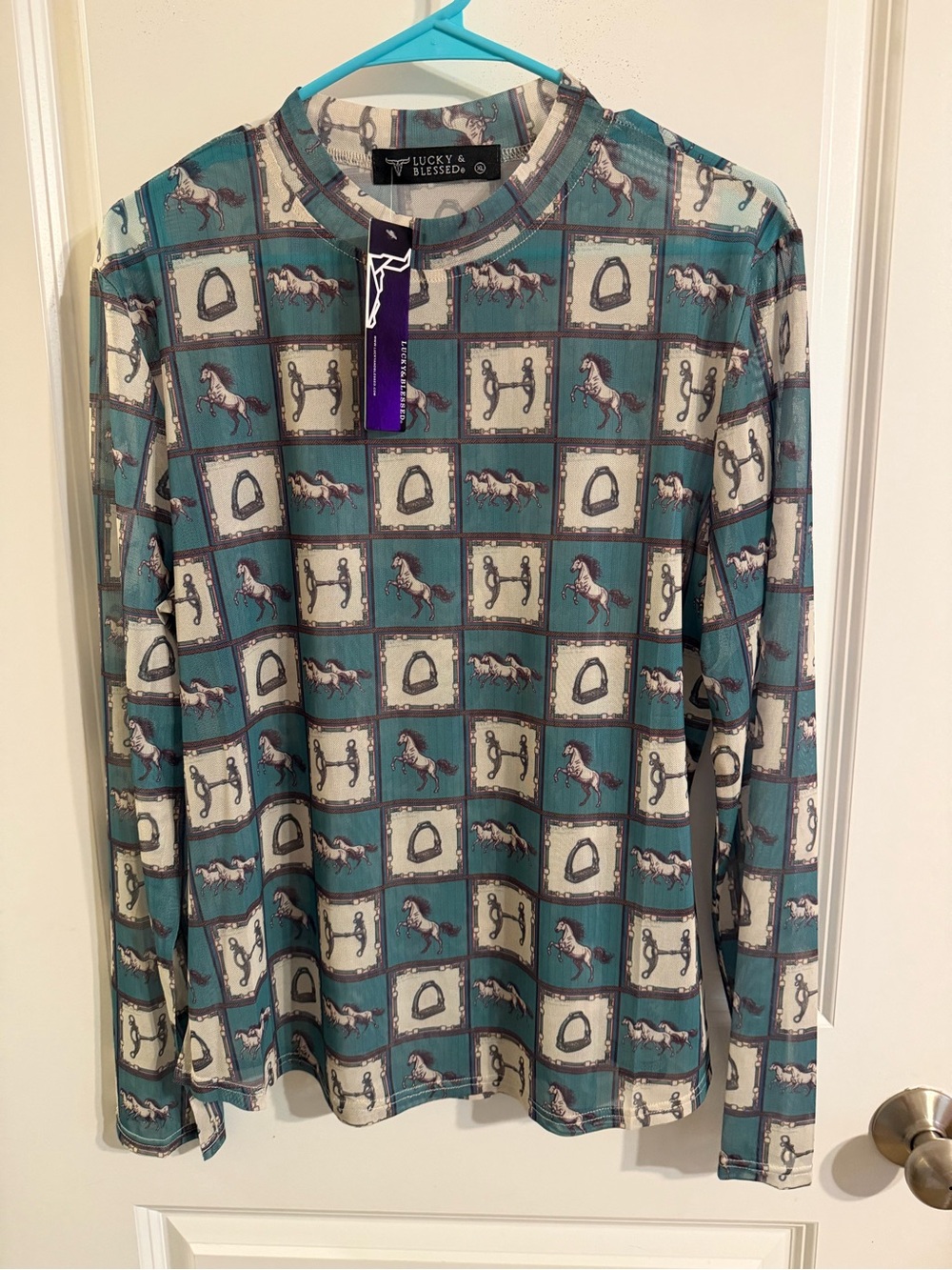 Lucky & Blessed Teal and Cream Horse Print Long Sleeve Top size XL